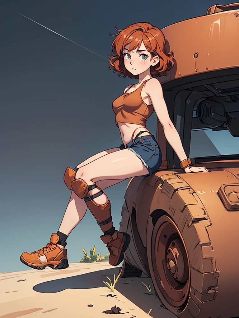 (masterpiece), (best quality), ((one girl)) copper red hair,(brown eyes),short hair, curly hair, anime style, freckles, (small breast), (petite figure), blue tank top, black shorts, (knee pads on each leg),legs, (desert background))