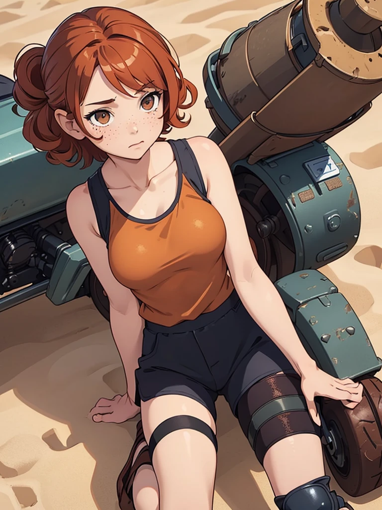 (masterpiece), (best quality), ((one girl)) copper red hair,(brown eyes),short hair, curly hair, anime style, freckles, (small breast), (petite figure), blue tank top, black shorts, (knee pads on each leg),legs, (desert background))