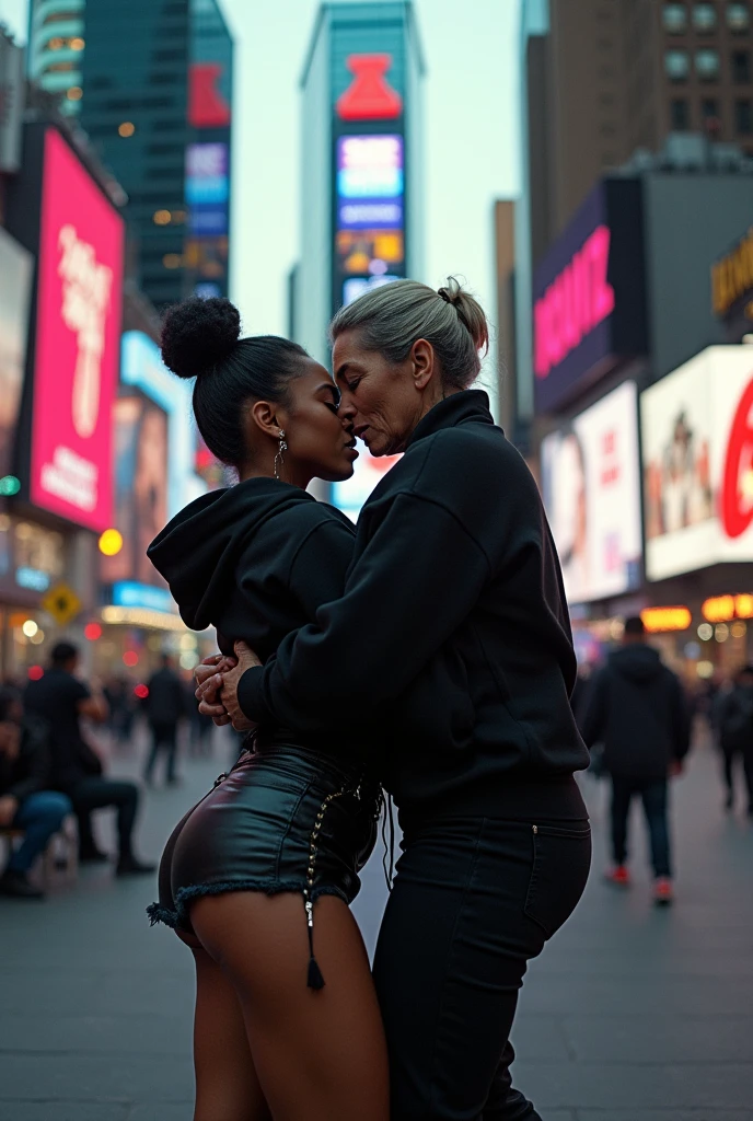 black woman hair in a bun black hoodie black leather short shorts bent over and old woman humping her bump time square new york city