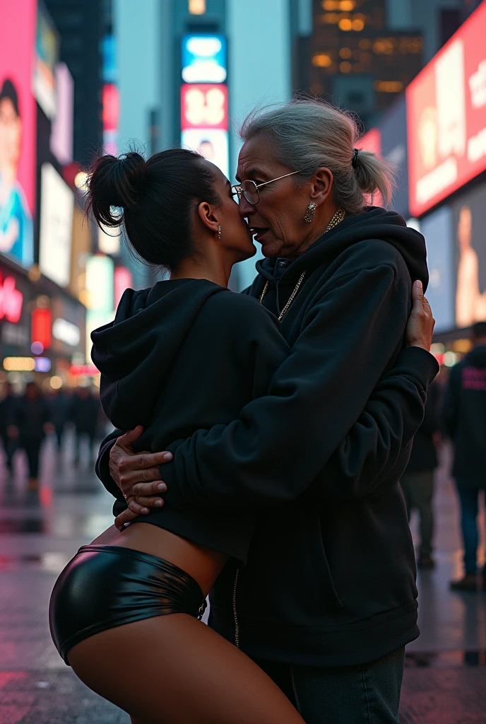 black woman hair in a bun black hoodie black leather short shorts bent over and old woman humping her bump time square new york city