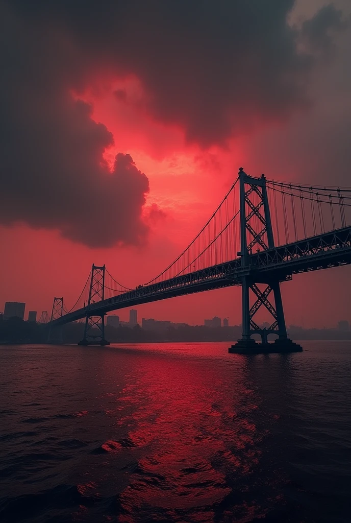 Indian kolkata city with Dark cloud…howrah bridge and ganga river be side..realistic photo..blood