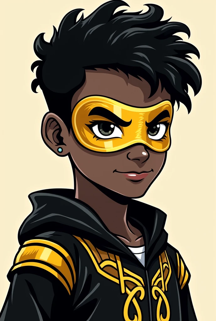 Create me a mascot logo where the mascot is a black-skinned gamer boy with a golden mask and a black and gold shirt with curly hair 