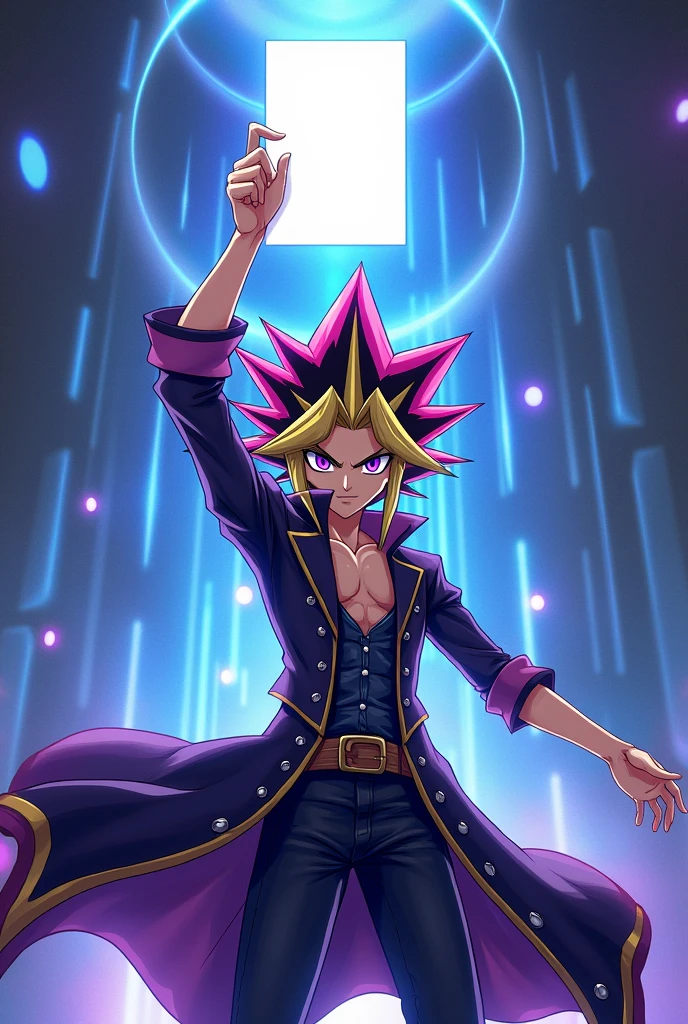 Character Yugi holding up a blank card with new game theme 
