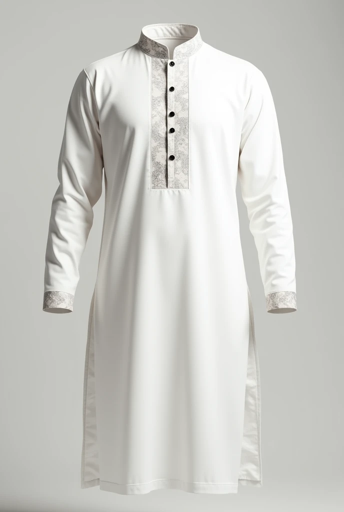 an Indian Muslim kurta, which reaches to the knees, no model or man in the image, just the kurta, the collar must be thin and discreet, white in color, the collar on must be black, the kurta has a marbled color in the center, and the sides as well as the sleeves are white in color