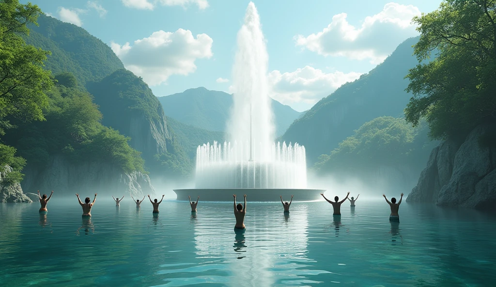beautiful lake with an island in the center, In the middle of the island there is a beautiful water fountain that fills the lake with water., Inside the lake there are people raising their hands towards the fountain, People are half submerged in water, photorealism, 34K