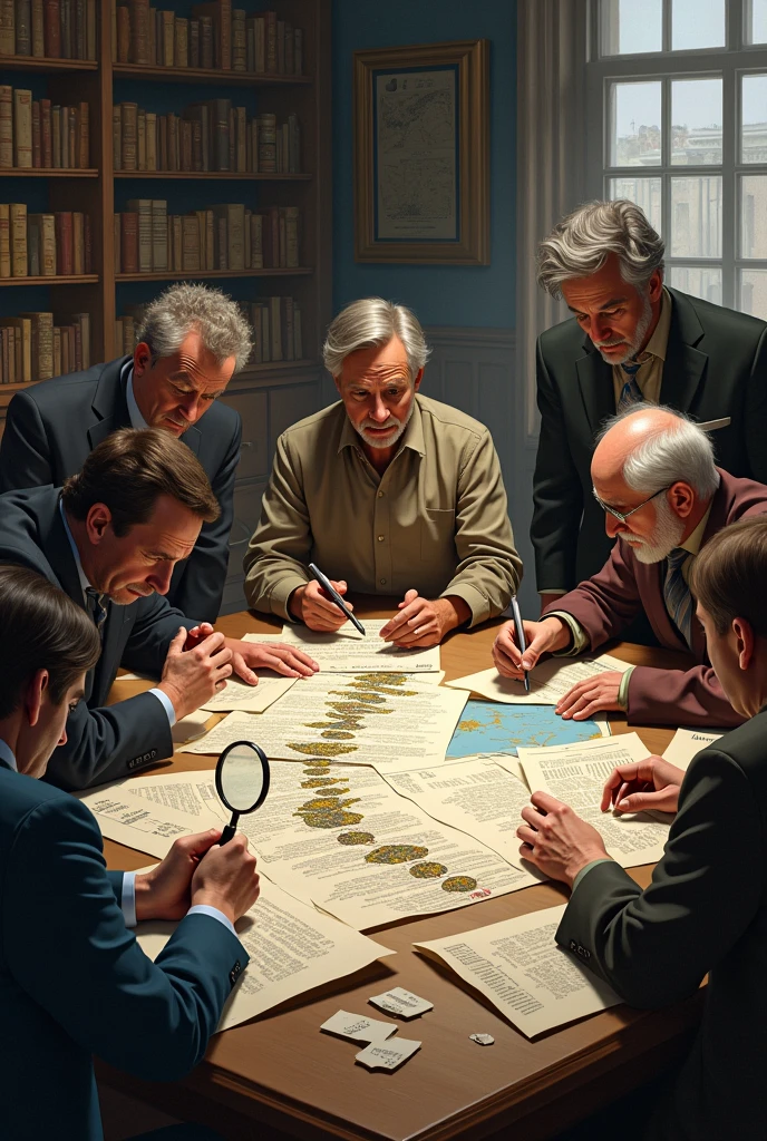 
a group of scholars in a room filled with shelves of cultural artifacts, all labeled and organized. They are around a large table, full of documents and graphs, discussing animatedly. on desk, there is a timeline, but instead of being straight, is fragmented, with missing pieces and arrows moving in different directions. On top of this timeline, there are images of decorative motifs, from the simplest to the most complex, but they are out of order, defying any apparent logic. One of the scholars has a magnifying glass and is trying to adjust a piece, but as you put it in a place, other pieces seem to move, making everything even more confusing. Ao fundo, you see shelves full of artifacts, and between them, shadows that seem to take different shapes, suggesting multiple interpretations. The expression on the scholars&#39; faces is a mix of frustration and fascination., reflecting the difficulty and subjectivity of ordering and interpreting these cultural forms.