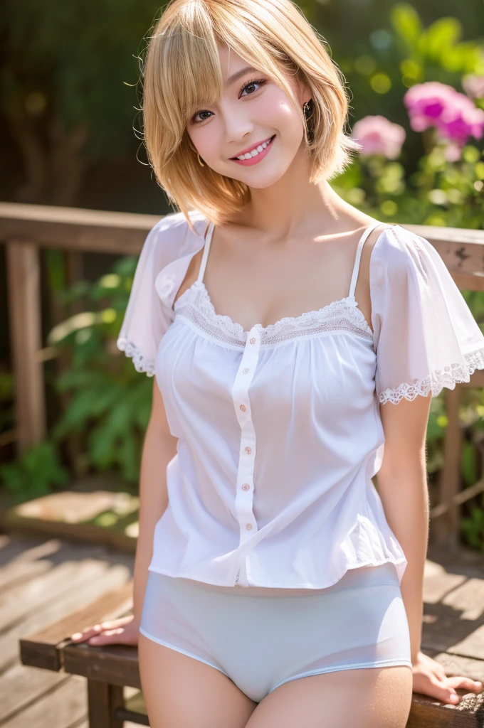 (Highest quality、4K、8k、High resolution、masterpiece:1.2)、Very detailed、(Genuine、Realistic、Realistic:1.3)、Japanese women、blonde、Pixie Cut、smile、large breast、large size shirt、crossdressing、crossgender、Open shirt、breasts out、Panties