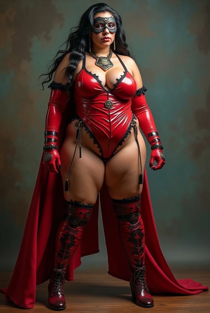 Teenage plus size Native American woman as superhero wearing red Naughty superhero Cosplay Costume, PU Leather Long Sleeve Mock v-neck Bodycon swimsuit and leggings with boots,police badge, gloves and Kuerade mask. . her costume is latex and NativeAmerican tribal design,she got big breasts and big ass