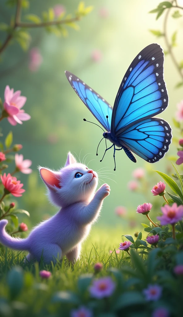 Cute miniature 'light purple and white' kitten trying to catch a  mega size blue butterfly displaying its beautiful wings,  in a lush, springtime botanical garden.