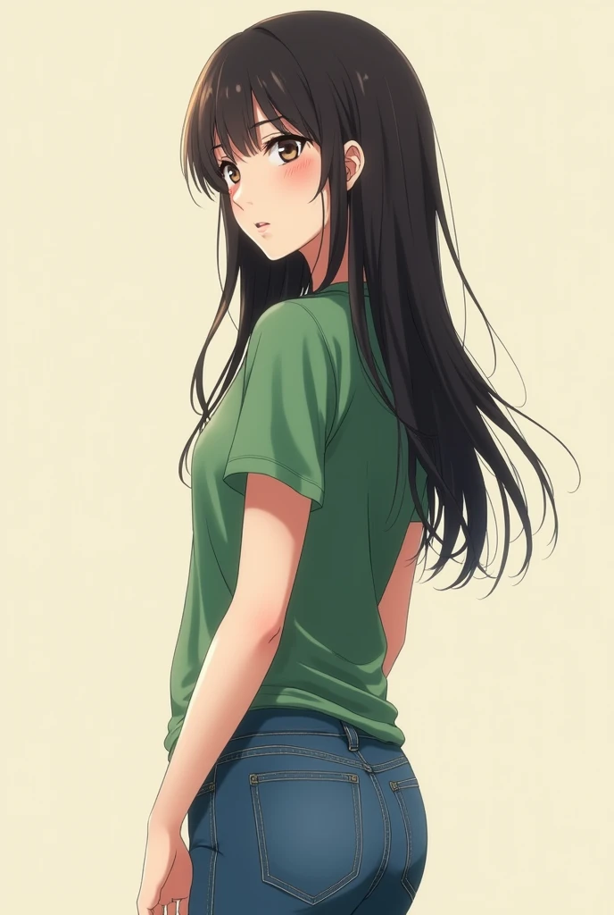 A beautiful young woman, standing, she looks like she's talking, she wears a green t-shirt and a jeans, anime style, full portrait, realistic, side view 
