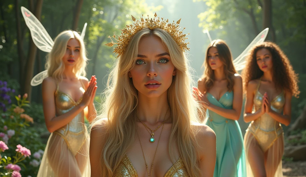 "A full-body shot of a realistic fairytale scene in a magical palace in a beautiful magical forrest, bathed in sunlighting."Beautiful pastel colour pallette." "A fairy queen 1 with realistic striking big blue eyes with eye makeup and a serious, direct gaze at the camera with golden extra long hair." " A Fairy queen 2 with golden-brown long curly hair in a thin light blue dress is standing by clapping her hands, looking at fairy queen1 with staring thorough detaled blue bright eyes and (shocked look with open mouth), perfect shaped pearly white teeth and pursed lips". "Singing fairy princess with a long white hair in a sheer golden wet transparent dress outfit, big breasts, thin waist, big butt, looks provocative with her mouth almost sedusive at fairy queen 2 laughing."  Fairy queen 4"doing hand stand with both hands on floor, wearing a thin blue/green dress" "Her gold delicade fairy-crown, is hanging by the ends of her hair""The lighting is natural and bright, highlighting their features and casting a soft glow around their hair, creating a high-contrast effect that emphasizes the subject's presence. " "Elf king is sitting on a royal chair in a elfie chlothes." "A white rapid sits in on a decorative dining table1:1" "while a rainbow colored bird perches on the top of the thin royal thrown". The scene includes a messy fairy queens in a beautiful and magical forrest palace. "The vast environment paints a magical but weird admosphere". # Configuration settings clip_guidance_scale = 20 # High adherence to the detailed prompt, emphasizing facial features hr_scale = 2.0 # High resolution to capture intricate details in the hair and face. hr scale =2.0 # Perfect human female body. Best hands 1:1, super realistic hair 1:1, hyper realistic eyes 1:1, extra detailed delicate moist skin, most detaled and realistic face 1:1. #A realistic stage with thorough details and clear focus on the queens. 