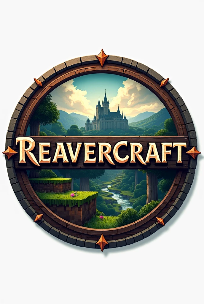 Generate a circular logo themed in Minecraft and place the following text "ReaverCraft" Let it be set in the medieval world and make it professional, for a server
