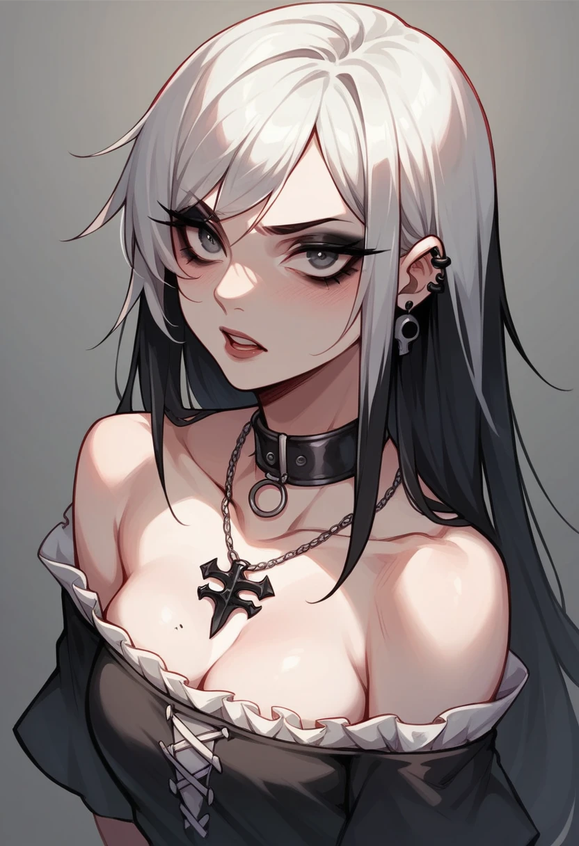 a gothic girl, with a black off-the-shoulder blouse, thick black eyeliner and a necklace with a small sword charm