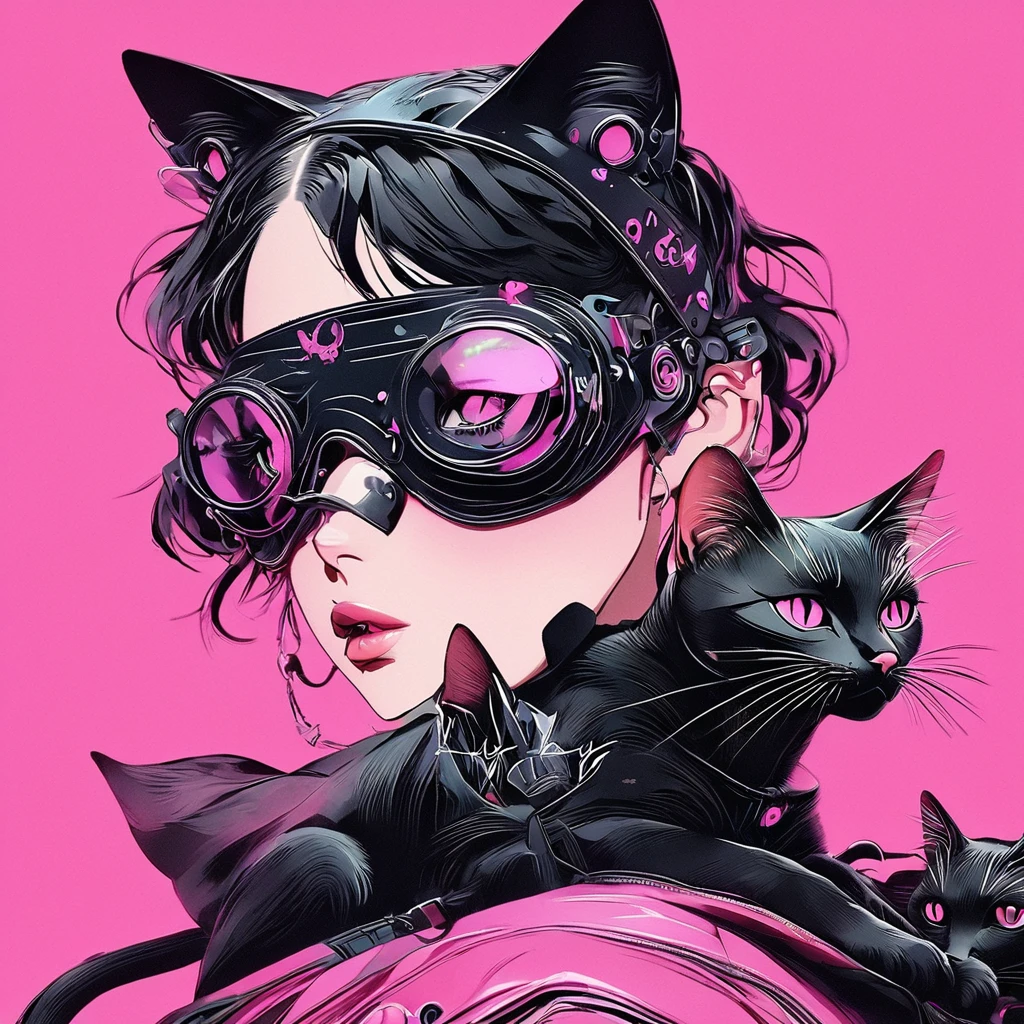 An anime with a black cat on a pink background, Goth Cat Girl Portrait, Catwoman, Anime-style illustrations, アニメスタイル 4K, Anime style portrait, Ilya Kubyshin's stye. 4K, Catwoman, Artem and Ilya Kubyshin, Emo girl and her , Beautiful anime cat girl, Anime Style, Anime Style. 8k