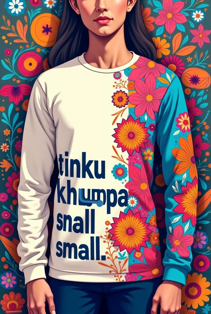 A long-sleeved T-shirt with a white base color and adding the Fuchsia color, Orange and Electric Blue that says Tinku Khunpa small on the right side and that have things that represent Bolivia