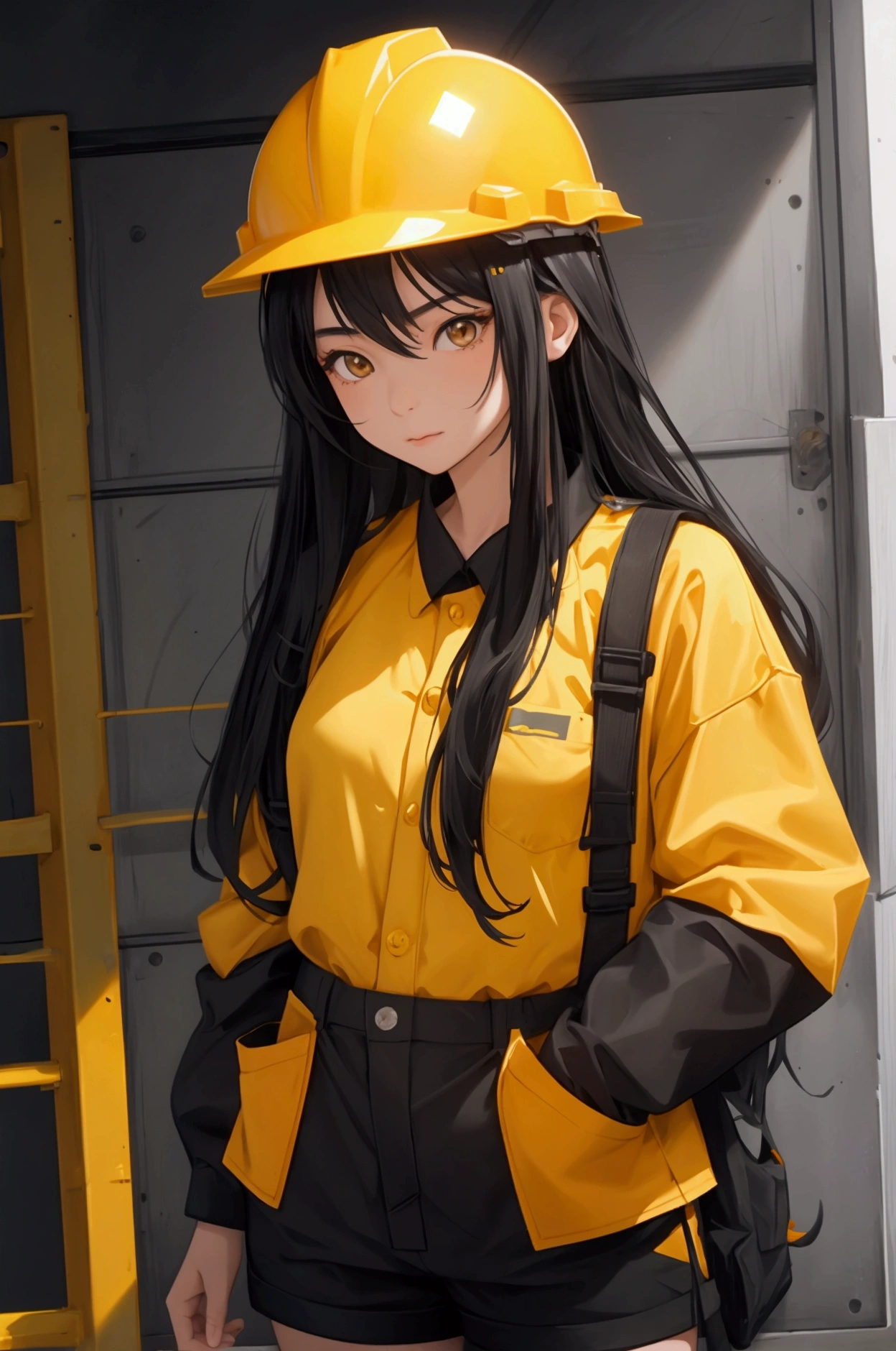 Teenage Asian girl with long black hair. Wearingorange construction worker outfit and yellow construction helmet. Shy facial expression.