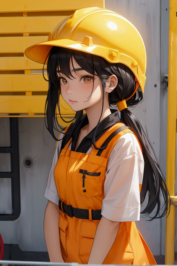 age Asian girl with long black hair. Wearingorange construction worker outfit and yellow construction helmet. Shy facial expression.