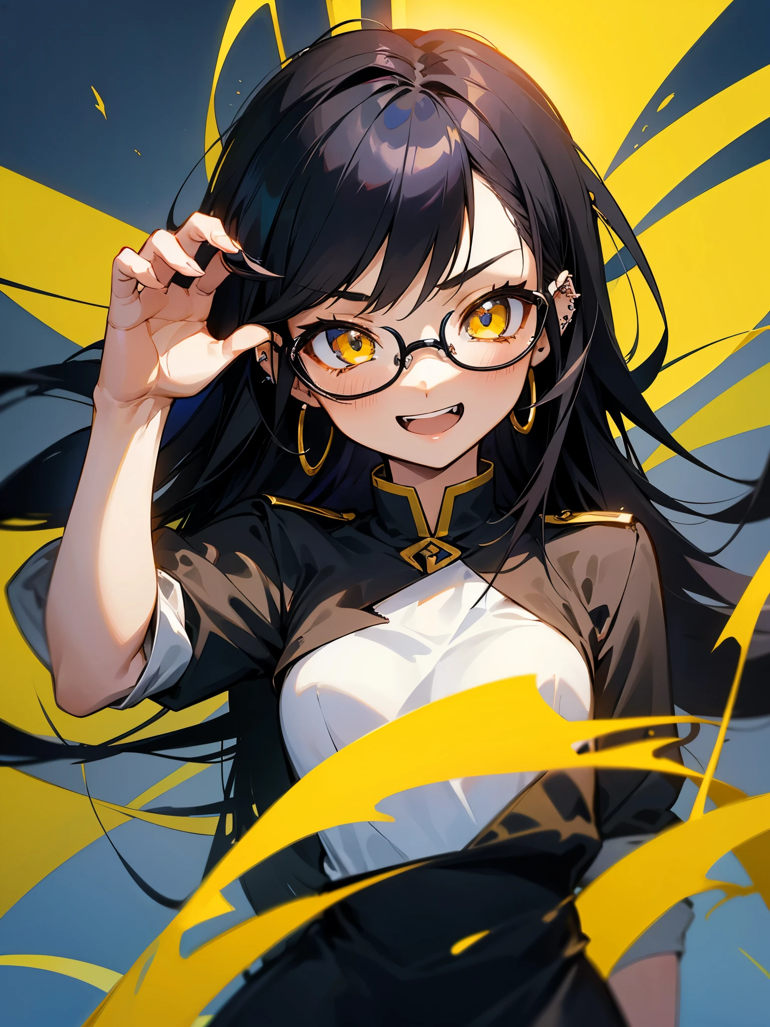 Long Hair、Beautiful girl with black hair and glasses、uniform、Baby Face、Small breasts、Anime Style、cool、Piercing in one ear、Confused eyes、Yellow Eyes、Participating in a quiz competition、Grinning、Double teeth