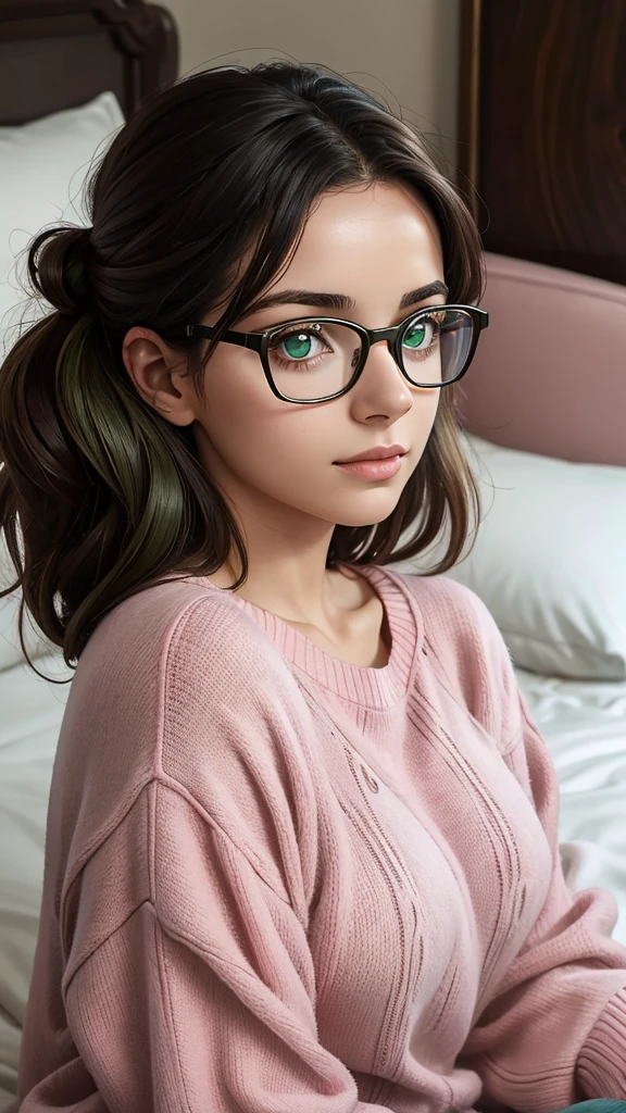 There is a beautiful French-Italian woman with glasses and a pink sweater lying on a bed., an image inspired by Ion Andreescu, Instagram, hyperrealism, profile picture, solo portrait 🎨🖌️, taken in the early 2020s, looking to the side off camera, girl with glasses,Green eyes that inspire tenderness, deep in thought, selfie of a young woman, Very accurate photo