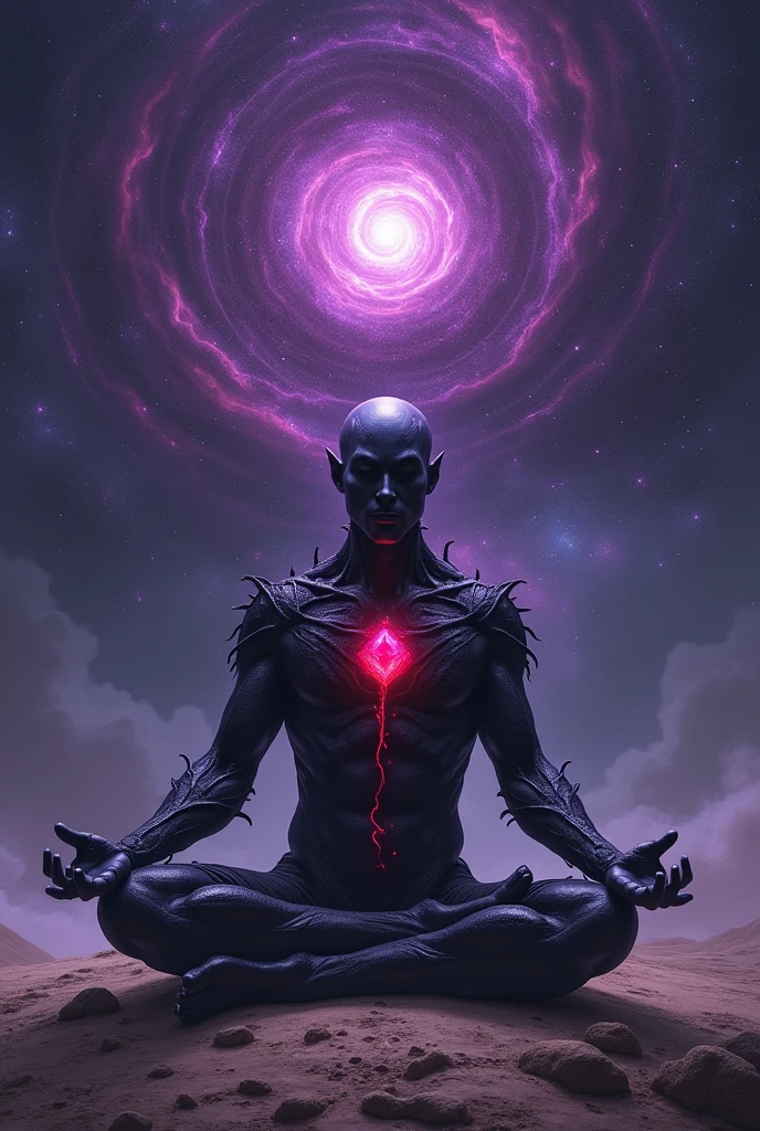 Create a highly detailed and atmospheric digital painting of a cosmic dark entity meditating in a lotus position on the surface of a barren planet. The entity has a shadowy, featureless face and a muscular humanoid body covered in dark organic tendrils that appear to flow and twist around it.. A bright red crystal is embedded in his chest, pulsating with dark energy. Above the head of the entity, A spinning purple and black cosmic vortex with a glowing mystical orb at its center radiates power, Shedding an ethereal light. The background features a vast star-filled galaxy with purple nebulas and distant cosmic phenomena., creating a sense of infinite space and power. The lighting is dark and sinister, and the main sources of light are the glowing red crystal and the mystical orb. The overall color palette is dominated by deep purples., black and touches of red, evoking a sense of cosmic mystery and power.