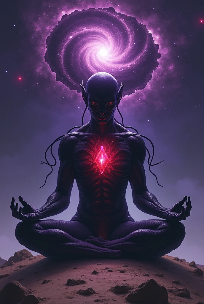 Create a hyper-realistic, super-detailed digital painting of a cosmic dark entity meditating in the lotus position on the surface of a desolate planet. The entity, with a gloomy face and no distinctive features, It has a muscular humanoid body covered in dark, organic tentacles that flow and twist around it., almost as if they were alive. on his chest, A bright red crystal is embedded, pulsating with dark energy, emanating fine veins of light through her skin.
Above the head of the entity, A cosmic vortex of purple and black colors spins, with a glowing mystical orb in the center, radiating power and projecting an ethereal light. Around the vortex, small particles of energy, similar to tiny comets, They move creating an effect of dynamism. In the distance, on the horizon, you can see remains of ancient colossal structures, half buried in the dusty soil of the planet, hinting at an extinct civilization.
The background shows a vast galaxy full of stars, with purple nebulas and distant cosmic phenomena, creating a feeling of infinite space and power. The skies are dotted with floating asteroids, some of them shrouded in a faint cosmic mist that swirls gently. In the foreground, Dark rock fragments gently levitate around the entity, as if suspended by their power. The lighting is dark and ominous, with the main light sources being the glowing red crystal and the mystical orb, whose lights interact creating deep shadows and highlighting the details in the body of the entity and the terrain around it.
The color palette is dominated by deep shades of purple., black and touches of red, evoking a sense of mystery, cosmic power, and desolation. Details include intricate textures on the planet's surface, such as cracks and small crystalline formations, that add realism and complexity to the sc