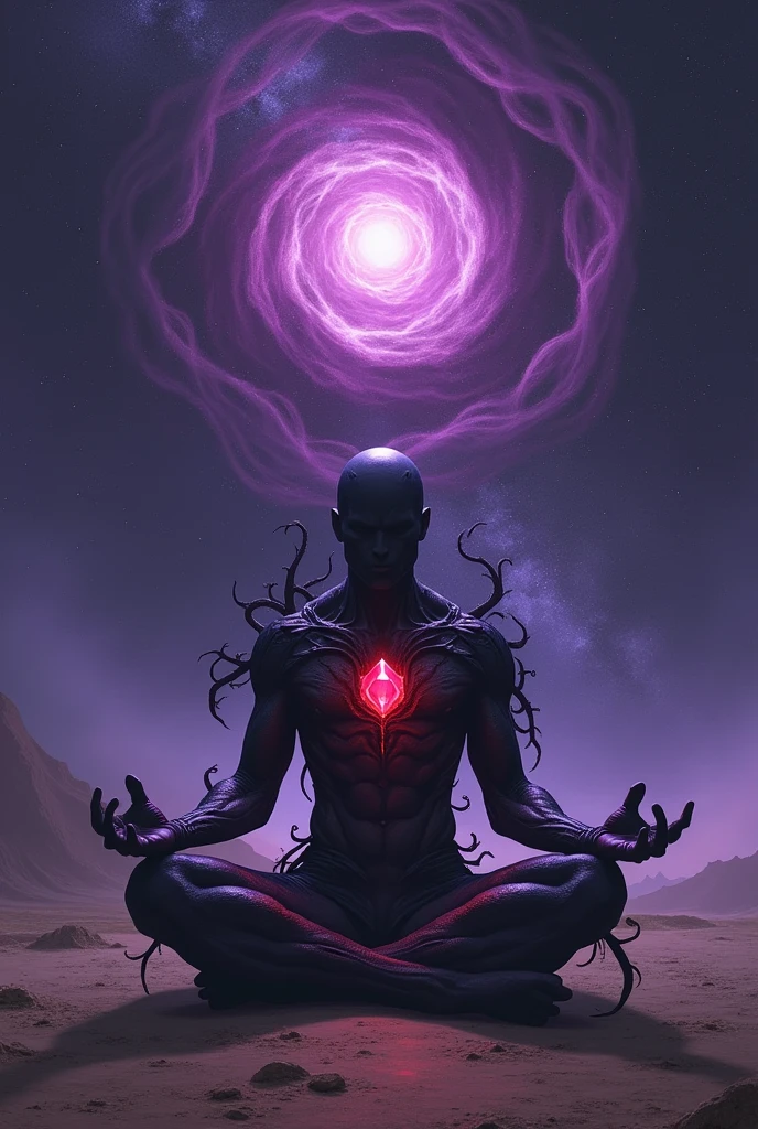 Create a highly detailed and atmospheric digital painting of a cosmic dark entity meditating in a lotus position on the surface of a barren planet. The entity has a shadowy, featureless face and a muscular humanoid body covered in dark organic tendrils that appear to flow and twist around it.. A bright red crystal is embedded in his chest, pulsating with dark energy. Above the head of the entity, A spinning purple and black cosmic vortex with a glowing mystical orb at its center radiates power, Shedding an ethereal light. The background features a vast star-filled galaxy with purple nebulas and distant cosmic phenomena., creating a sense of infinite space and power. The lighting is dark and sinister, and the main sources of light are the glowing red crystal and the mystical orb. The overall color palette is dominated by deep purples., black and touches of red, evoking a sense of cosmic mystery and power.