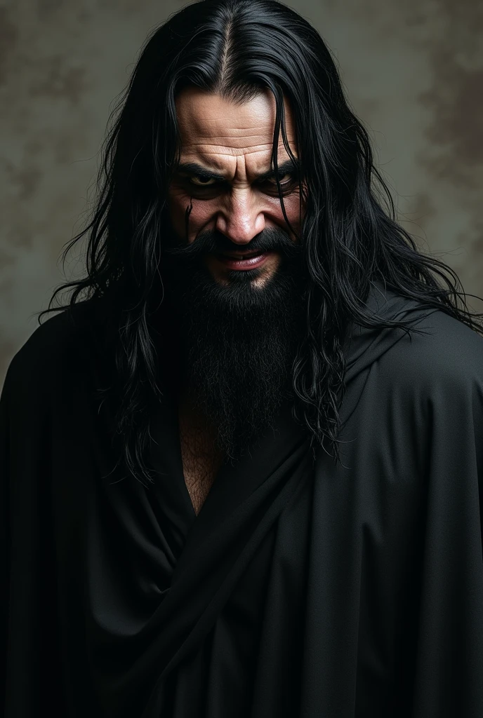 a man, coi capelli neri lunghie unti, the black beard, gli occhi infossati cerchiati di nero, the prominent front. He is dressed in a black robe and smiles deviously.