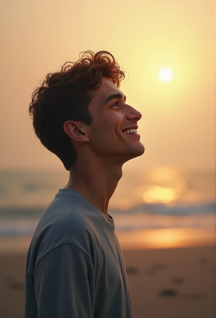 someone facing a problem, but then calming down and smiling as he focuses on himself