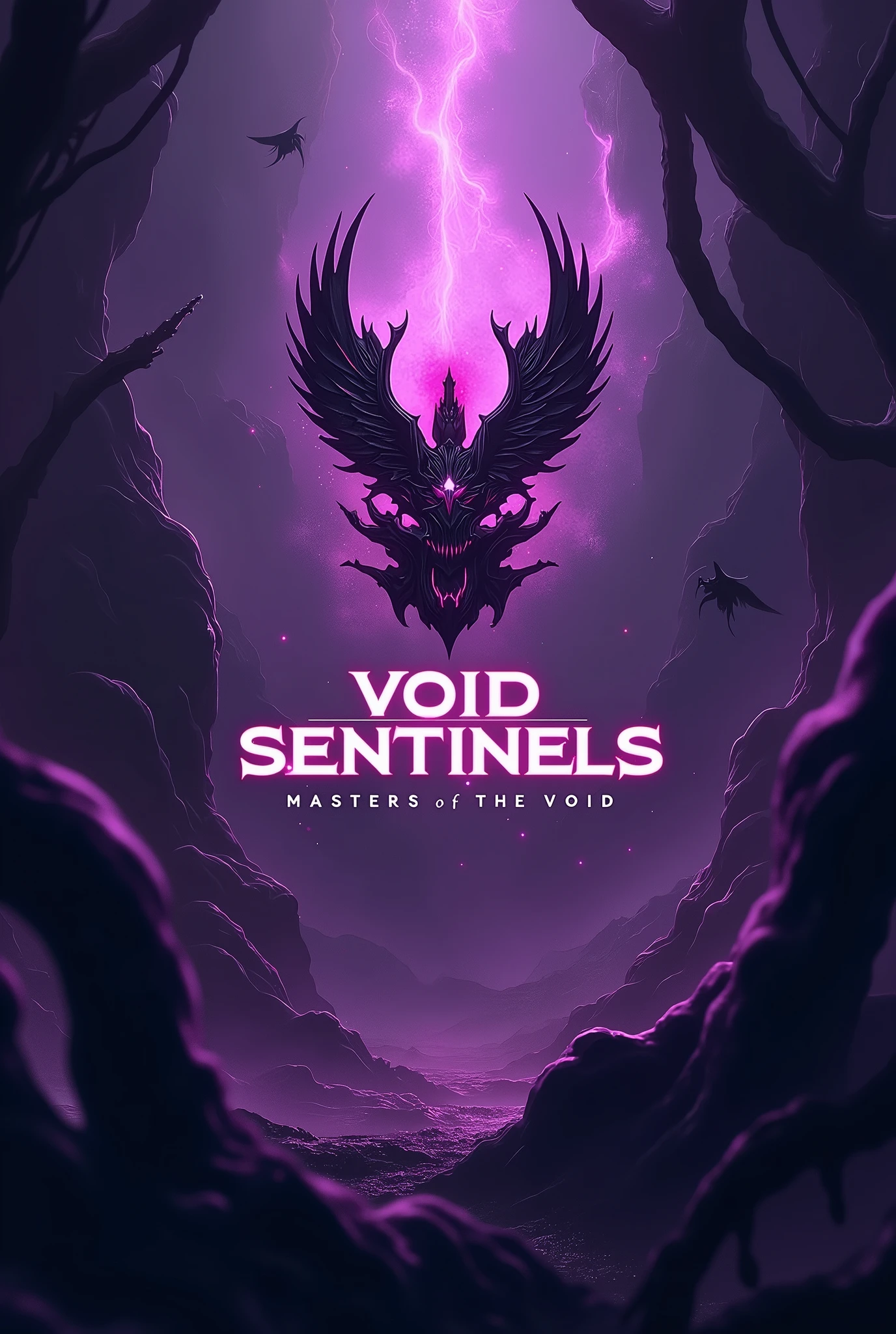 Design a 1150x300 banner for 'Void Sentinels (VST)' featuring a dark, void-like background in shades of purple with swirling energy. Center the team emblem, add the name in bold, glowing font, and the tagline 'Masters of the Void.' Include shadowy void creatures in the background to enhance the eerie, mysterious atmosphere