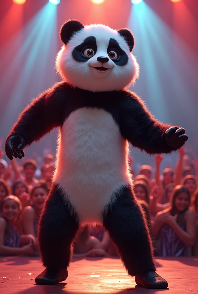 A Indian teenage handsome boy with ovel face shape, skim body, light brown skin color , black hair, wildeye, wearing panda costume in stage in front of many people like concert .