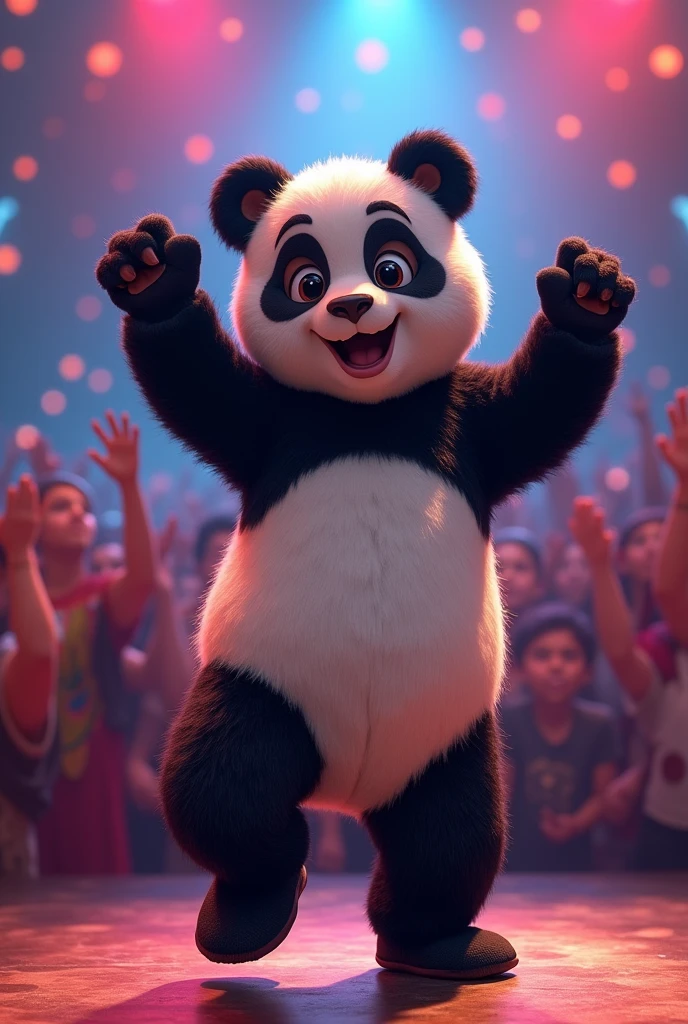 A Indian teenage handsome boy with ovel face shape, skim body, light brown skin color , black hair, wildeye, wearing panda costume in stage in front of many people like concert . 