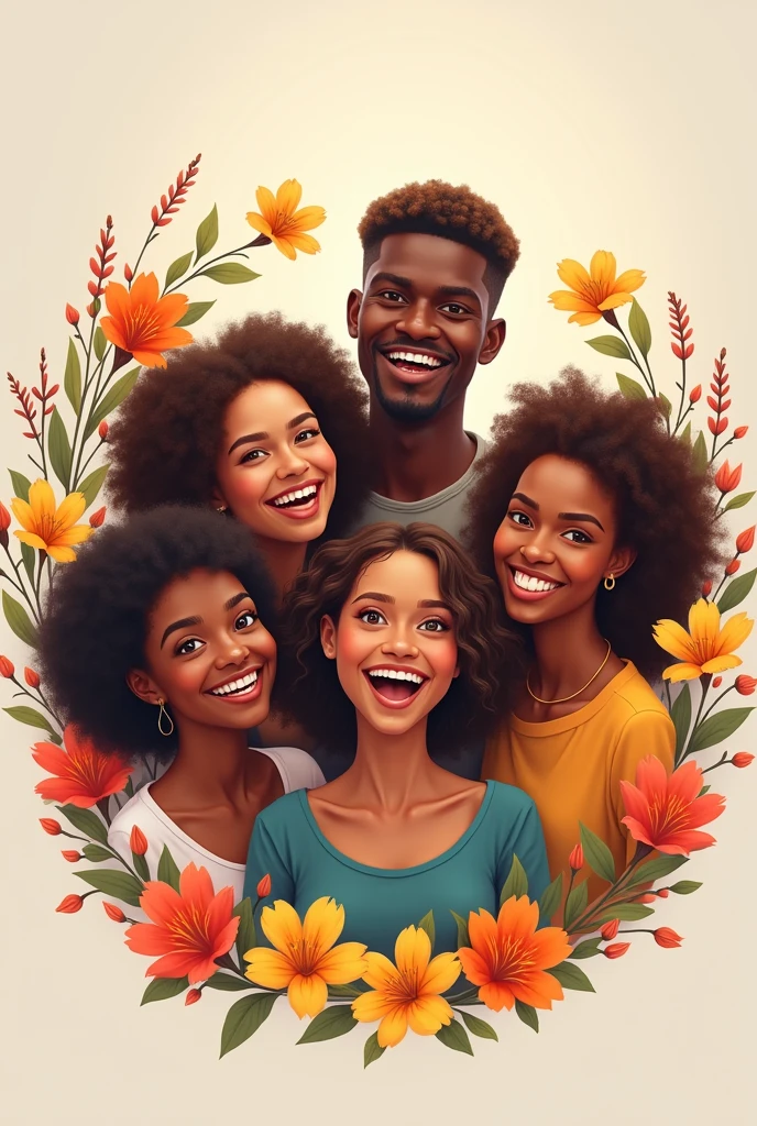 I want a circular image that is with flower borders around the image and the image is about discrimination where it is in different people of ethnic origin more white than African where they are happy and smiling that is realistic