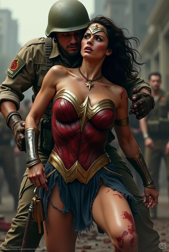 (photorealism:1.2), wonder woman, sweaty, one male soldier beating her, she about to take a fall after the hit, she beaten up already, she has blood and clothes are torn near belly, she is almost knocked out, she is sweaty