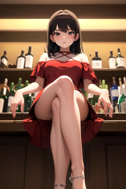 ((Best Quality)), ((masterpiece)), (Very detailed), 1 girl, with a short red dress, neckline, crossed legs, sitting, in a bar, 21 years, white panties,black heels,((Whole body)),((view from below))