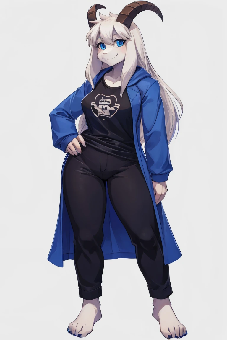 woman, alone, white background, hairy, Goat, anthropomorphic, Goat, Asriel, Undertale, average breasts, big ass, wide average hips, perfect body, tall stature, long hair, blue eyes, average students, anthropo face, cartoon, smile, Blue coat, black t-shirt, Brown pants, front viewer, bare feet, specific art, best quality, deformity correction, Best detail, quality details.