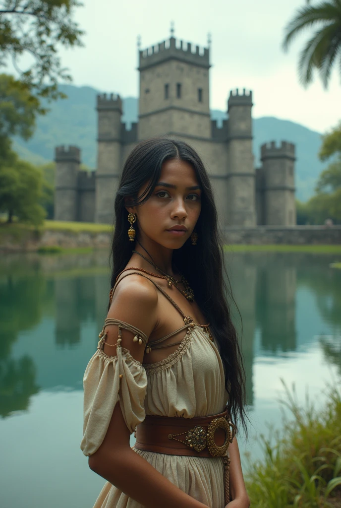 8k (realisitic) ((real photo of movie poster the girl from the lake monarchy )) a medieval Brazilian girl, a lake and a castle