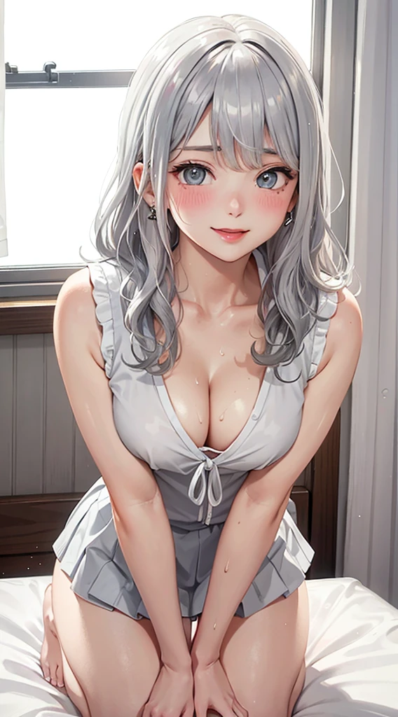 1Girl, Solo, Anime, Ideal body, (Cleavage, Small breast:1.2). Beautiful, Gorgeous, Fresh, Young, Blunt Bangs, (White Grey Hair:1.5), (Tied Straight and Wavy Long Hair:1.3), Cardigan, laced camisole dress, casual style, mini skirt, Comfort, cotton Texture. (Sexy Seiza:1.3). Earrings, Thin Black Headband, Green Accessories, Environmental Details, Bed Room, Natural Light, Modern Bed, Chair, Window, White Curtain, City View. pov, anime style, UHD, retina, masterpiece, accurate, anatomically correct, textured skin. High Resolution, Looking at the Viewer, Blush, Best Quality, Award Winning, Accurate, Embarrassed, seductive smile, sweating, naughty smile, Naughty Face, Naughty, Gradient Eye Color, Tongue Out, Open Mouth, Eye Level, Cowboy Shot, (sticky goo on breast), (white goo on body), (sweating). (white goo on the breast),.