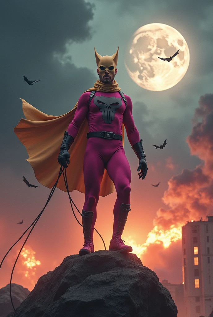 Malaysia man in high-tech suit, vivid effects, malaysian superhero (KELUANG MAN) in a striking pink and beige costume cyberpunk design, mask small mini bat ear beige, daredevil biage mask, jumpsuit dark pink stands confidently in a dramatic.jumping from high place.hero costume. Big triangle logo on the chest. Punisher logo on the chest. Fighting pose , stormy landscape. ((Head covered node guard like batman. Running pose , athletic body type, small mini ear bat mask))The character wears domino mask a helmet with pointed mini torn ears and a flowing cape biege, open nose and mouth. Equipped with visible futuristic weapons on a belt,bullet proof jacket pink dark day.show fingers pose, dark night, big supermoon effect . Small logo on chest triangle shape small punisher logo center triangle cyber logo center on chest pink logo mini logo . rocky. Building top.smoke ground , bomb effect background, losse pants, losses costume.adding to --ar 3:4 --style raw --stylize 500 --v 6.1. chaos.robert Pattinson .Lot of small flying bat. One leg on the high stone. Man . Real man age 40 year old. One hand holding belt.one hand holding black rope hanging on building.
