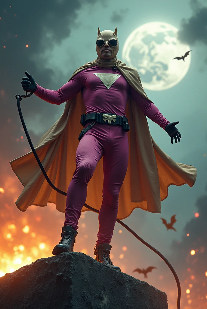 Malaysia man in high-tech suit, vivid effects, malaysian superhero (KELUANG MAN) in a striking pink and beige costume cyberpunk design, mask small mini bat ear beige, daredevil biage mask, jumpsuit dark pink stands confidently in a dramatic.jumping from high place.hero costume. Big triangle logo on the chest. Punisher logo on the chest. Fighting pose , stormy landscape. ((Head covered node guard like batman. Running pose , athletic body type, small mini ear bat mask))The character wears domino mask a helmet with pointed mini torn ears and a flowing cape biege, open nose and mouth. Equipped with visible futuristic weapons on a belt,bullet proof jacket pink dark day.show fingers pose, dark night, big supermoon effect . Small logo on chest triangle shape small punisher logo center triangle cyber logo center on chest pink logo mini logo . rocky. Building top.smoke ground , bomb effect background, losse pants, losses costume.adding to --ar 3:4 --style raw --stylize 500 --v 6.1. chaos.robert Pattinson .Lot of small flying bat. One leg on the high stone. Man . Real man age 40 year old. One hand holding belt.one hand holding black rope hanging on building.