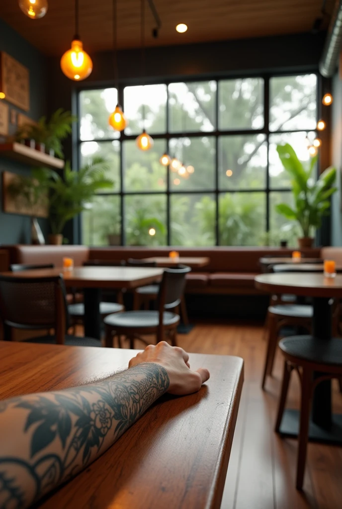 A modern and cozy restaurant with warm ambient lighting. The setting features hardwood floors and wicker chairs with black and brown accents.. The windows reveal tall, lush vegetation outside., creating a relaxed and natural atmosphere. on the ceiling, exposed industrial style lighting with hanging bulbs adds a contemporary touch. A tattooed arm rests casually on a wooden table in the foreground, adding a personal and relaxed touch to the scene.