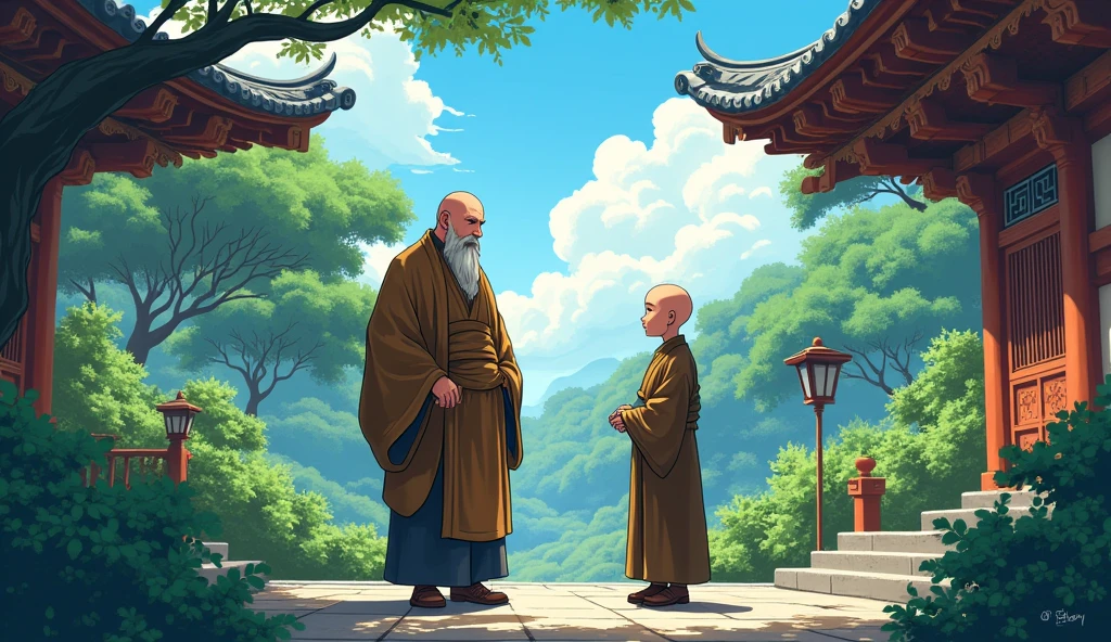 Bald fat monk sensei, Bald monk desciple, talking to each other, surrounded by temples, trees, beautiful scenario, in anime style, colourful, details, standing,