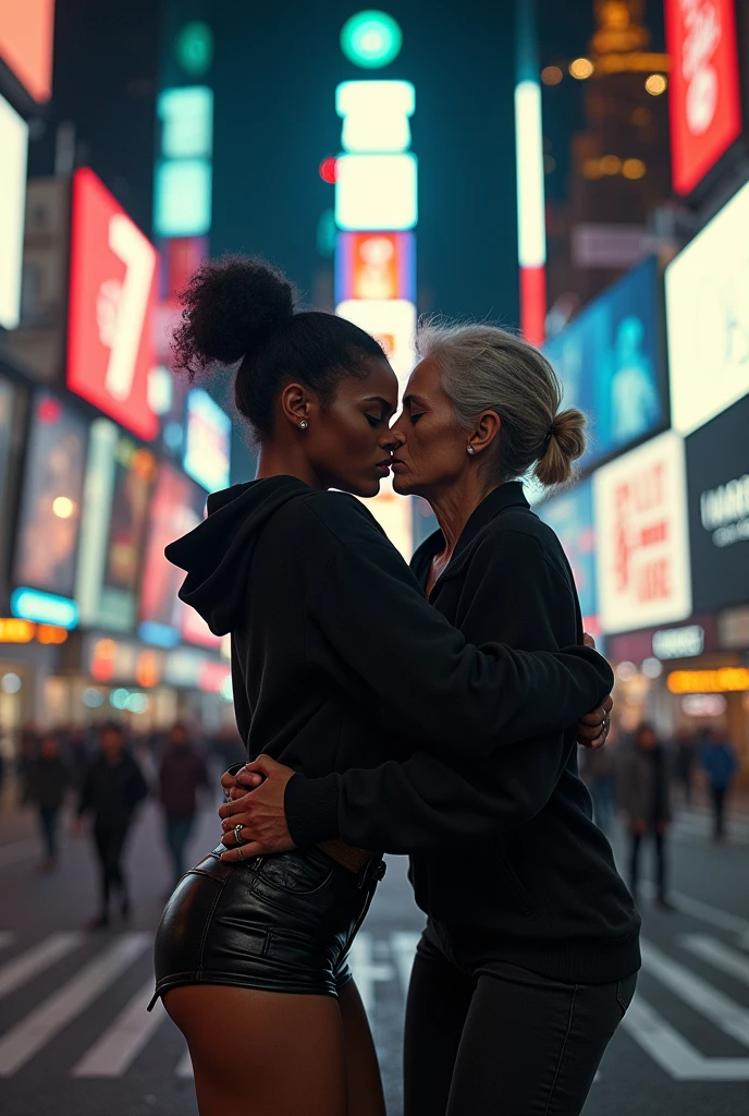 black woman hair in a bun black hoodie black leather short shorts bent over and old woman humping her bump time square new york city
