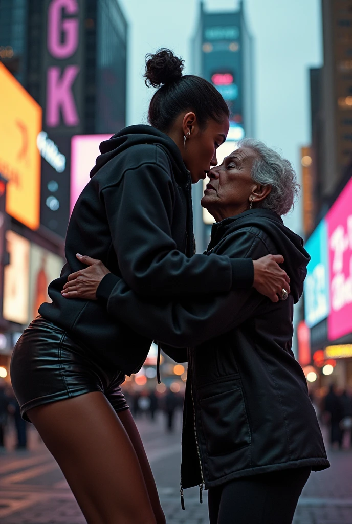 black woman hair in a bun black hoodie black leather short shorts bent over and old woman humping her bump time square new york city