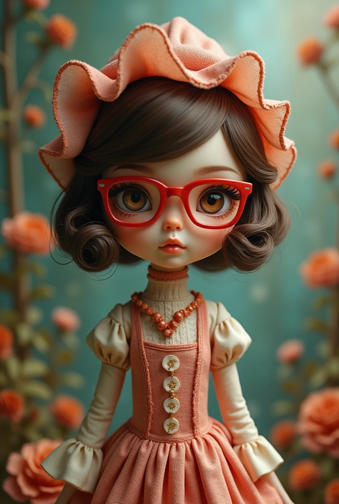 blythe doll with short layered brown hair, side bangs, brown eyes, square red glasses, mejastic