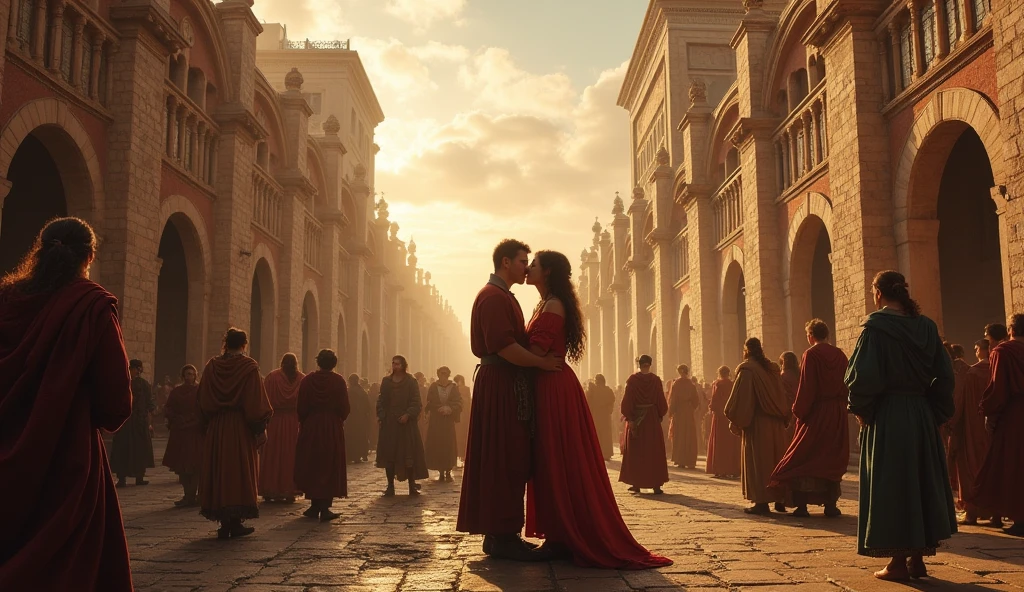 30 a,c Rome((middle Ages))) in chaos; people looking at the sky; couples kissing in the streets. 