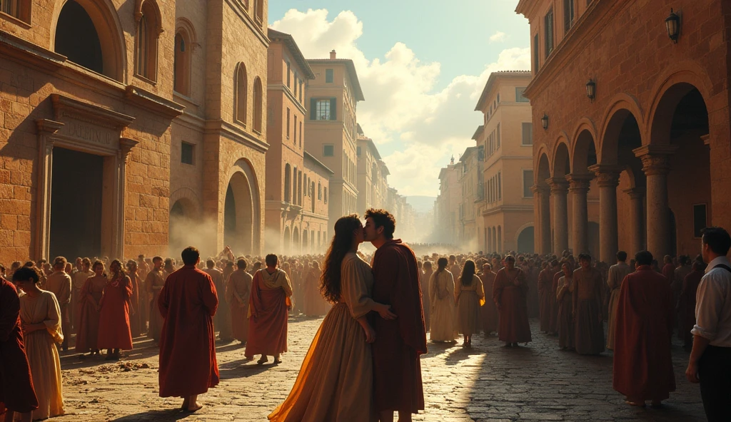 30 a,c Rome((middle Ages))) in chaos; people looking at the sky; couples kissing in the streets. 