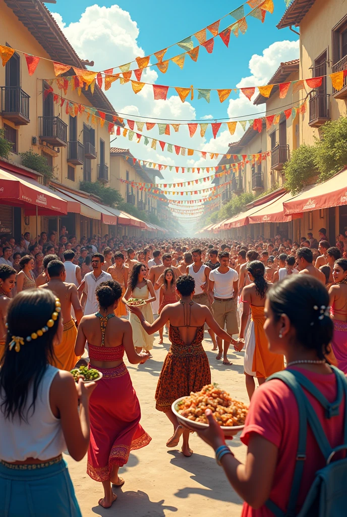 A vibrant festival where people from different cultures celebrate with music, dance and typical food. cheered up
