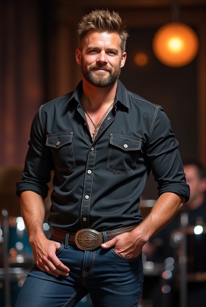 create a country singer style: Gustavo Lima, handsome, Cao Cao, beard and regua, tufty hair, light brown, wearing tight pants, tight shirts