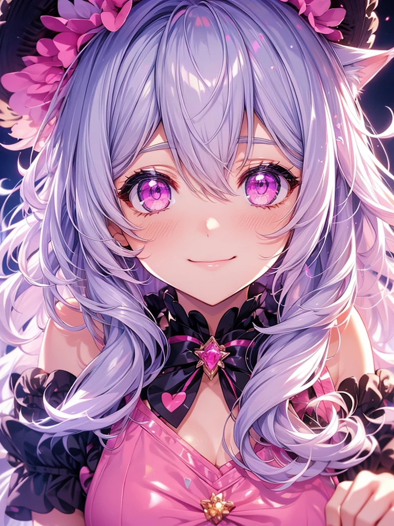Highly detailed face,Medium chest,pretty girl, bewitching smile,Longing eyes,Cat ear, Beautiful silver hair,Pink inside,Beautiful pink eyes, apron dress