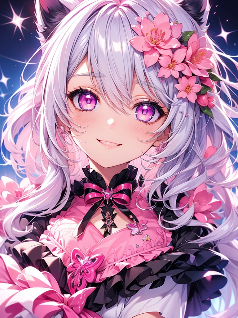 Highly detailed face,Medium chest,pretty girl, bewitching smile,Longing eyes,Cat ear, Beautiful silver hair,Pink inside,Beautiful pink eyes, apron dress